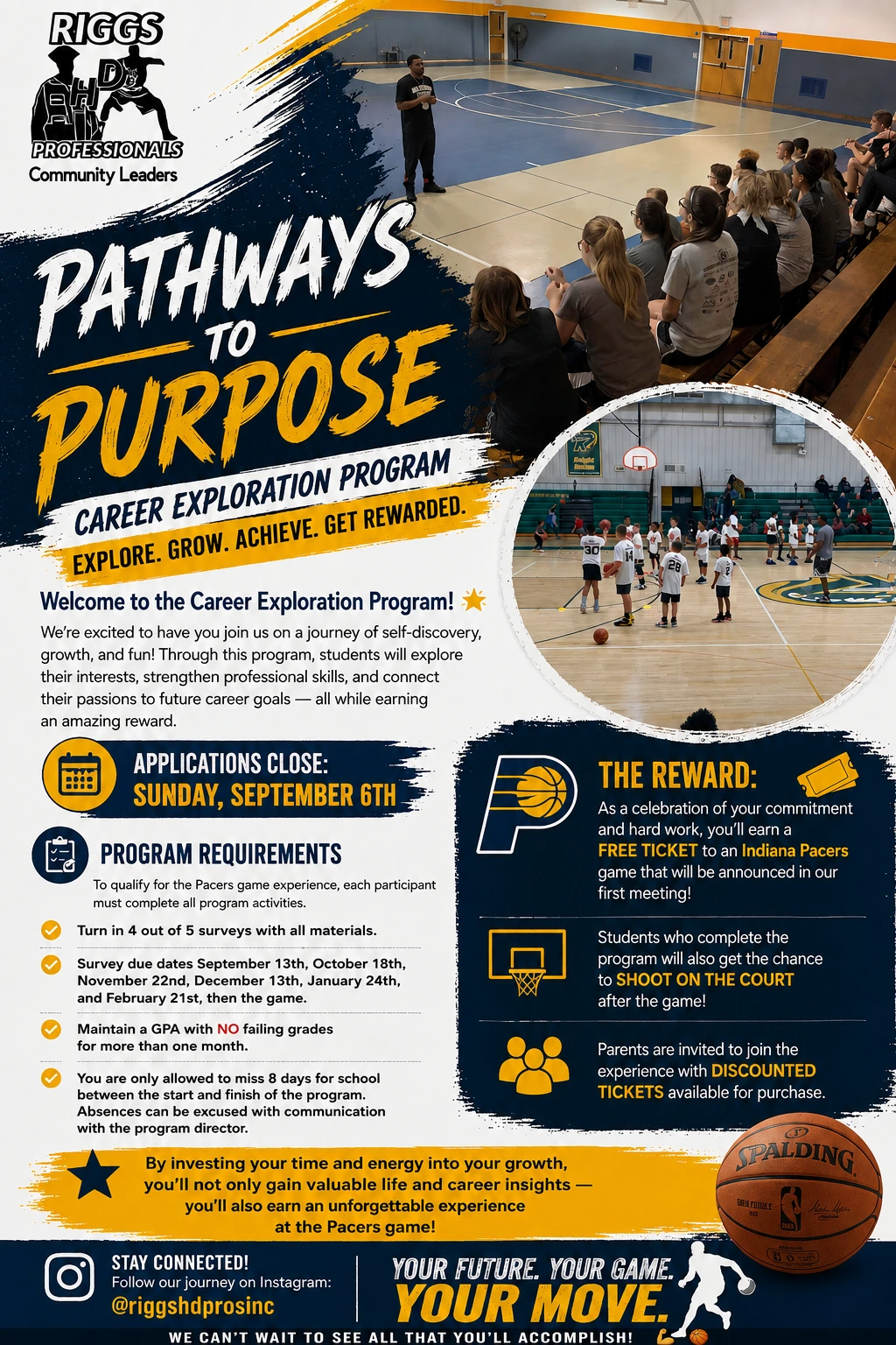Pathways to Purpose Career Exploration Program flyer with a September 6 application deadline and Indiana Pacers experience reward